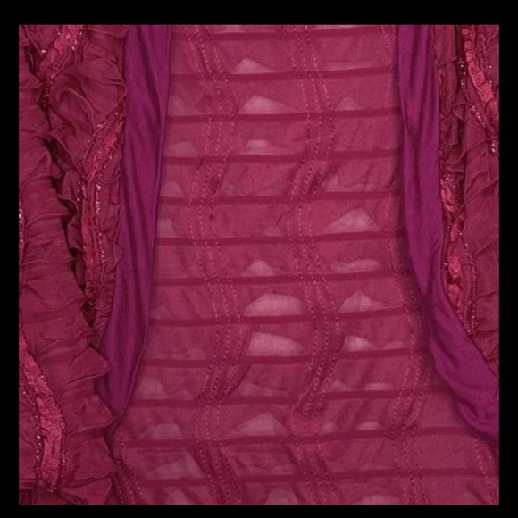 Satin & Lace Semi-Sheer Peach Blouse M Sheer Long Sleeves Pearls & Silver Studs - Picture 4 of 9